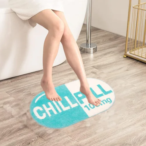Vista 2 de UKELER ELER - Bonita alfombra de baño Chill Pill, azul, absorbente, antideslizante, lavable, suave, lanuda alfombra de ducha de 27.5 x 15.5 pulgadas