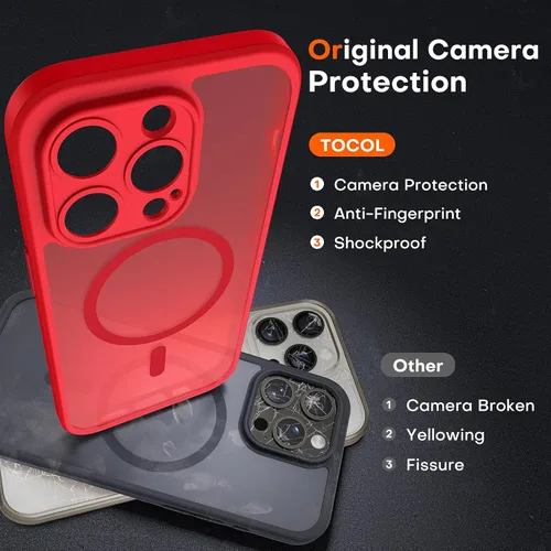 Vista 380 de TOCOL Funda magnética 3 en 1 para iPhone 15 Pro, mejorada [protección completa de cámara] con 2 protectores de pantalla, compatible con MagSafe Gris