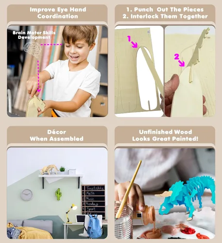 Vista 3 de Puzzled Rompecabezas 3D Triceratops de madera de dinosaurio, kit de modelo de construcción divertido y educativo, juguete de madera para armar