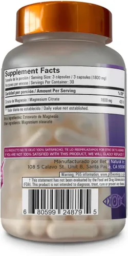 Vista 2 de Cápsulas de citrato de magnesio/citrato de magnesio de Betel Natural - Cápsulas laxantes fáciles - 1800 mg por porción