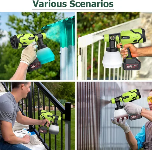Vista 6 de Pistola pulverizadora de pintura inalámbrica HVLP con batería de 21 V, pistola de pintura eléctrica de 300 W, tanque de 33.8 fl oz, 6 boquillas y 3