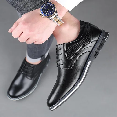 Vista 5 de Zapatos Oxford planos de cuero para hombre, zapatos casuales con cordones, zapatos de moda para caminar, negocios, oficina, fiesta, mocasines cómodos