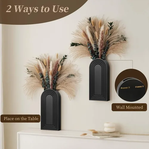 Vista 4 de Juego de 2 jarrones de pared de madera con eucalipto de hierba de las pampas, decoración de pared moderna de estilo bohemio para sala de estar