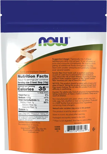Vista 2 de NOW Suplementos, cáscaras enteras de psyllium, proyecto verificado sin OMG, fibra soluble, 16 onzas