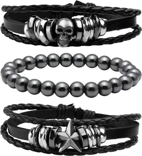 Vista 7 de MILAKOO 3 pulseras unisex punk retro góticas de cuero sintético con cuentas de hematita