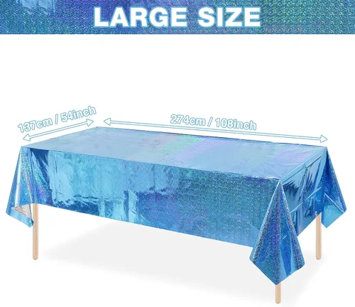 Vista 2 de Paquete de 4 manteles de plástico iridiscente brillantes desechables láser rectangulares, cubiertas de mesa, mantel de papel holográfico
