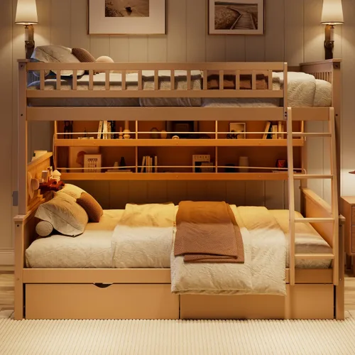 Vista 6 de SOFTSEA Full XL Over Queen Wooden Bunk Bed with Drawers and LED, Beige