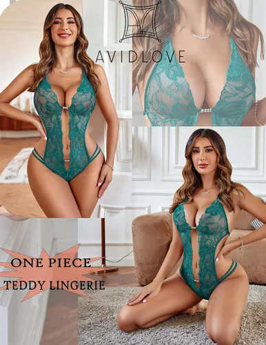 Vista 4 de Avidlove - Body de lencería de una pieza para mujer, diseño de encaje sexy con escote en V profundo, baby doll, tallas XS a XXXL
