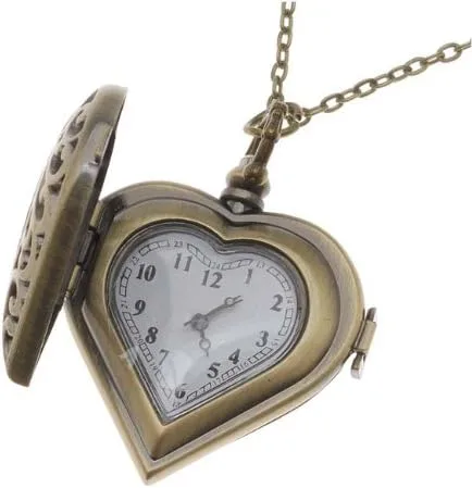 Vista 2 de Steampunk reloj de bolsillo colganteCorazón con tapa y la cadena de filigrana53x 41mm
