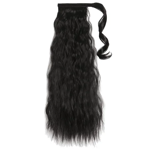 Vista 2 de Extensiones de cola de caballo negras, colas de caballo rizadas con clip, 22 pulgadas, 3.5 onzas, extensión de cabello sintético envolvente del pelo