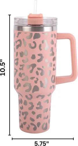 Vista 2 de Lashicorn Vaso de 40 onzas con asa y pajita, color rosa, nude, leopardo, plata, tapa de taza de 10 pulgadas de alto, incluida taza de viaje aislada