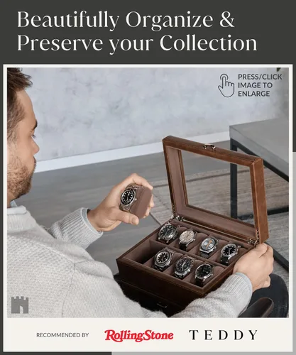 Vista 2 de TAWBURY Organizador de caja de reloj con 8 ranuras para hombre, funda de lujo de piel sintética con cajón Caja de reloj para hombres Estuche