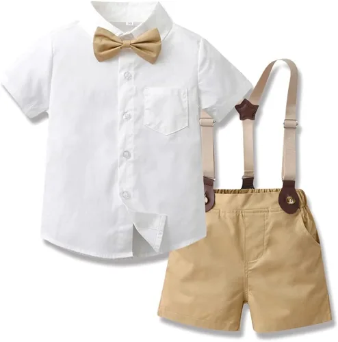 Vista 3 de Trajes de caballero para bebés y niños pequeños, camisa con corbatín, overoles con tirantes, pantalones cortos, pantalones cortos de verano, traje