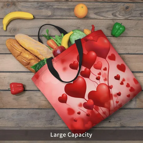 Vista 3 de Bolsa de mano con globo de corazón para mujer, bolsa reutilizable para el día de San Valentín, bolsa de compras de comestibles con cremallera, bolsa