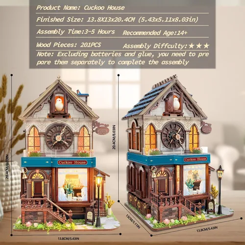 Vista 3 de SUNNINO Kit de casa de muñecas en miniatura, rompecabezas de madera 3D de cuco para adultos, kit de construcción de mini casa con 3 modos