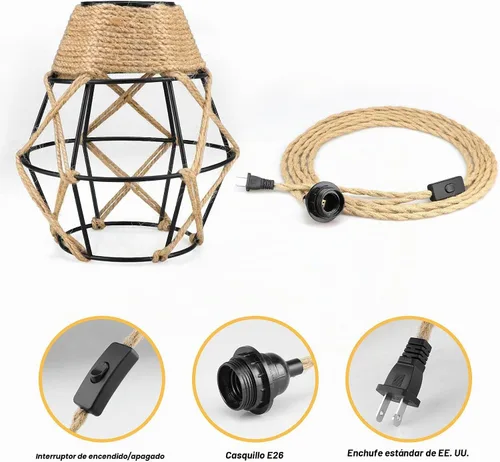 Vista 6 de Lámpara colgante enchufable, lámpara colgante industrial con cable de enchufe, interruptor de encendido/apagado de cuerda de cáñamo, lámpara