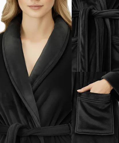 Vista 3 de NY Threads - Bata de baño de lujo para mujer, bata larga de forro polar suave y esponjosa para mujer Negro