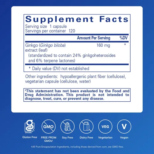 Vista 2 de Pure Encapsulations Ginkgo 50 160 mg Suplemento de ginkgo biloba para apoyar el oxígeno, la circulación sanguínea y problemas de memoria leves