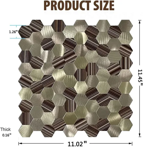 Vista 4 de Azulejo de pared hexagonal 3D de 5 hojas para cocina, baño, sala de estar, adhesivo de mosaico de metal de aluminio autoadhesivo de 11.4 x 11 x 0.15