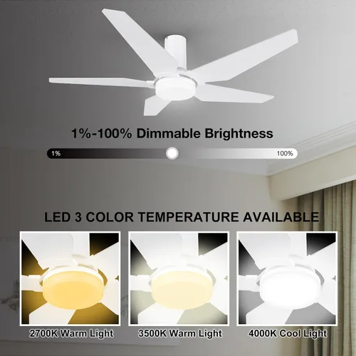 Vista 4 de SMAAIR Ventiladores de techo de montaje empotrado con luces y control remoto, 5 cuchillas de madera contrachapada tallada, motor BLDC silencioso