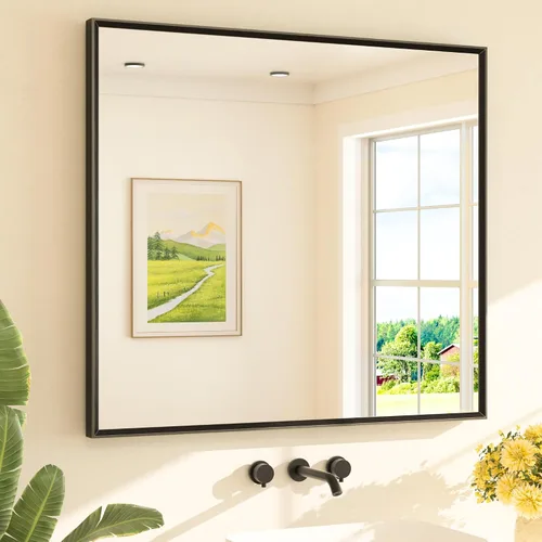 Vista 55 de TETOTE Espejo de baño dorado cepillado de 20" x 30", espejo de tocador de baño rectangular de latón dorado cepillado con marco biselado para sobre