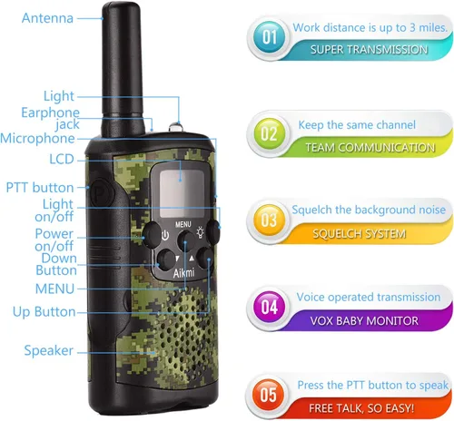 Vista 5 de Regalos para niños de 5 a 12 años, juguetes para niños, walkie talkies para niños, radio de 22 canales, 2 vías, 3 millas de alcance largo, apto