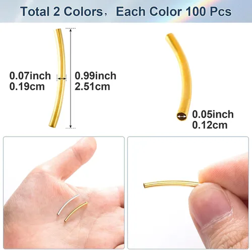 Vista 2 de PAGOW 200 cuentas de tubo, cuentas curvadas de fideos de 0.98 pulgadas, cuentas espaciadoras doradas y plateadas para hacer joyas, collares