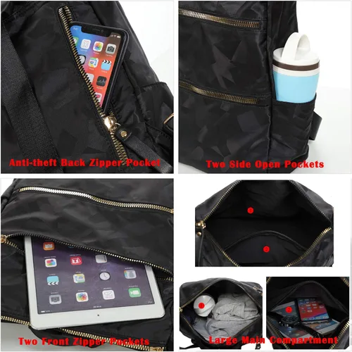 Vista 5 de AO ALI VICTORY Mochila de nailon para mujer, bolso de mano y bolso de hombro, bolsas universitarias antirrobo, monederos de viaje casuales