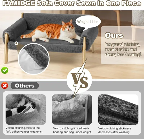 Vista 4 de FAMIDGE Sofá cama elevada para gatos de interior – Sofá de madera para mascotas con funda gruesa extraíble lavable para gatitos elevados adecuado