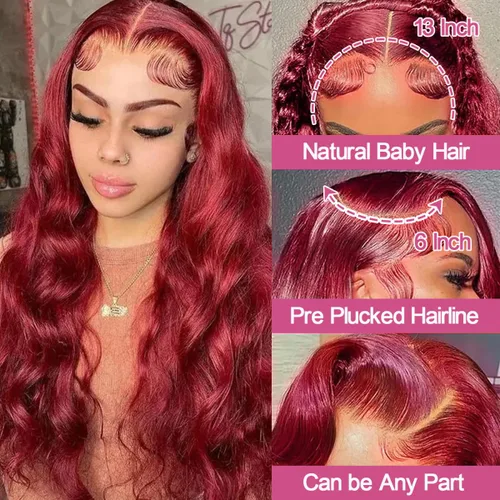 Vista 2 de Smabuity 99J Pelucas de encaje frontal burdeo de pelo humano, peluca burdeo roja de pelo humano, 13x6, peluca de encaje frontal HD de onda corporal