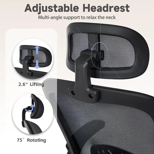 Vista 9 de Silla de oficina ergonómica con soporte lumbar ajustable, silla de escritorio de oficina con reposacabezas ajustable, malla transpirable, cojín