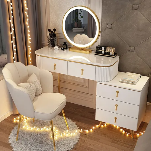 Vista 10 de Juego de tocador grande con luces LED, mesa de tocador de maquillaje con gabinete ajustable y taburete acolchado, 3 modos de iluminación, tocador