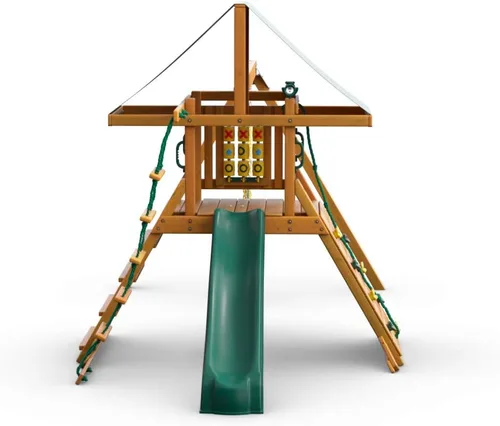 Vista 12 de Gorilla Playsets 01-1059-AP Juego de columpios de madera de punto alto con toldo de vinilo verde, dos columpios, pared de escalada en roca, tobogán