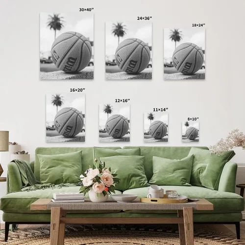Vista 2 de Poster Master Lienzo de baloncesto - Impresión de pelota en una repisa - Arte deportivo - Fotografía en blanco y negro - Arte de atleta - Decoración