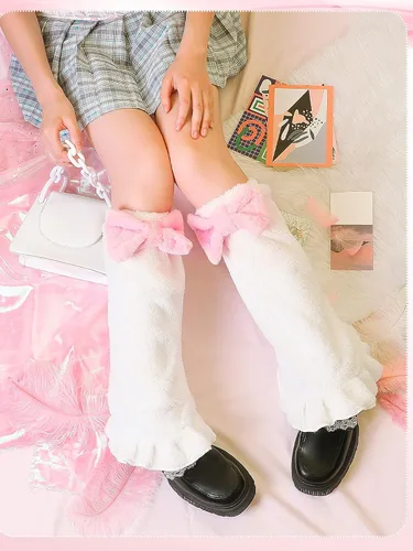 Vista 6 de Kawaii Leg Warmer Fuzzy Fluffy Socks with Bow Cartoon Cosplay Leg Warmer Over the Knee Socks for Women Girls