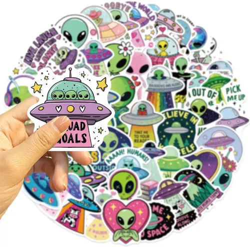Vista 3 de 50 calcomanías alienígenas ET UFO calcomanías de vinilo impermeables Decoración extraíble reutilizable para botellas de agua, bicicleta