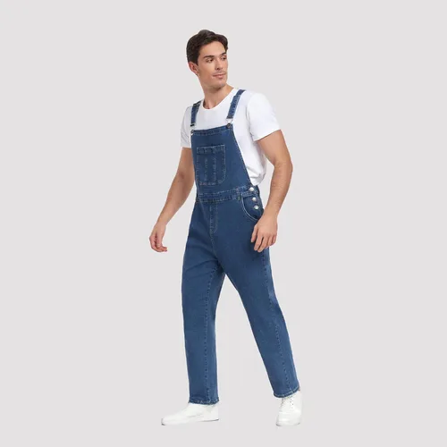 Vista 14 de Overol de mezclilla para hombre, ajustado, elástico, a la moda, con bolsillos