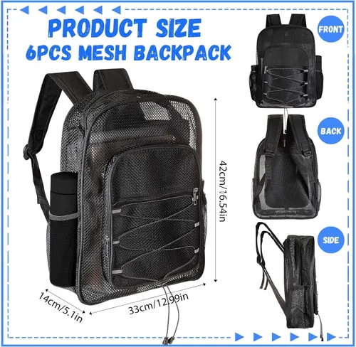 Vista 2 de Silkfly 6 mochilas de malla resistente a granel, bolsas escolares de malla transparente semitransparente con correas elásticas ajustables y cómodas
