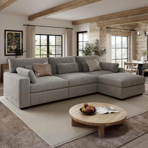 Vista 23 de Sofá modular de 146.5 pulgadas, sofás extra profundos en forma de U para sala de estar, sofá de felpilla de 4 asientos con patas de madera, otomana