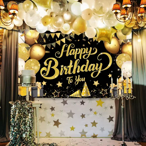 Vista 4 de KatchOn, Cartel de feliz cumpleaños negro y dorado, extragrande, 72 x 44 pulgadas, pancarta de fondo negro y dorado para decoraciones de feliz