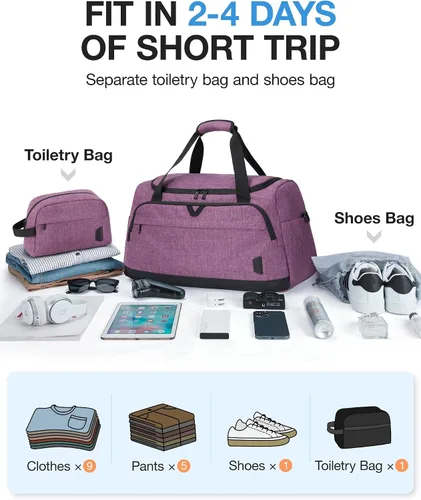Vista 5 de Bolsa de lona para viajes, bolsa de viaje BAGSMART de fin de semana, bolsa de viaje con bolsa de aseo personal, bolsa de zapatos, Púrpura, Viajes