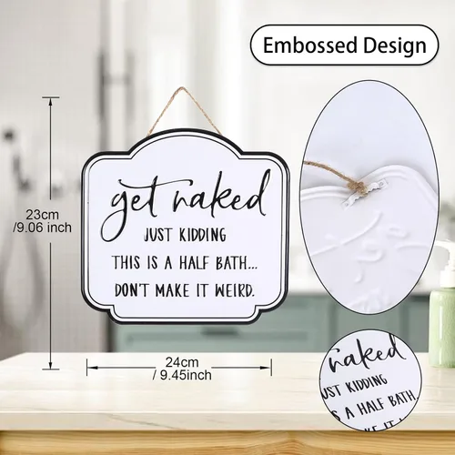 Vista 2 de LIVDUCOT Cartel de lata de baño divertido con texto en inglés «Get Naked», letrero de metal esmaltado negro sobre blanco, cita vintage para baño