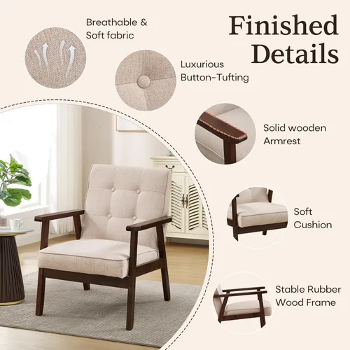 Vista 4 de Bonzy Home - Silla con acentos modernos de mediados de siglo, sillón tapizado de tela con marco de madera maciza, cómoda silla de ocio retro