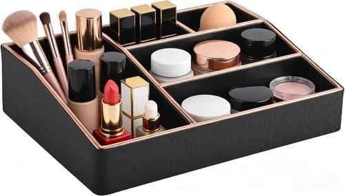 Vista 11 de Bandeja organizadora de maquillaje de piel sintética, organizador grande de tocador, caja de almacenamiento de cosméticos para pinceles de lápiz