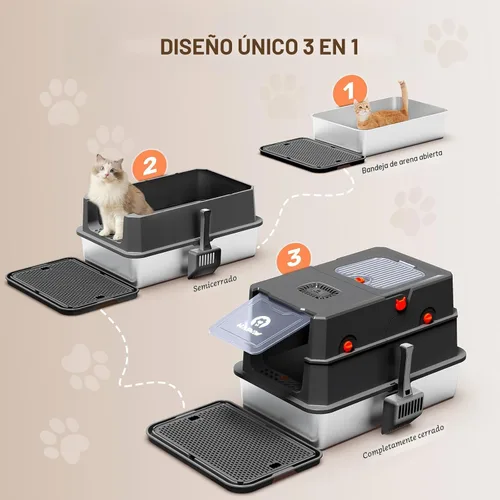 Vista 5 de Caja de arena de acero inoxidable con tapa, caja de arena metálica cerrada anti-fugas, bandeja de arena para gatos extra grande con tapa abatible