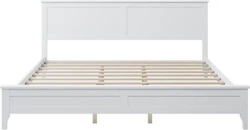 Vista 4 de Cama de plataforma tamaño King, marco de cama moderno de madera maciza, no necesita somier, color blanco