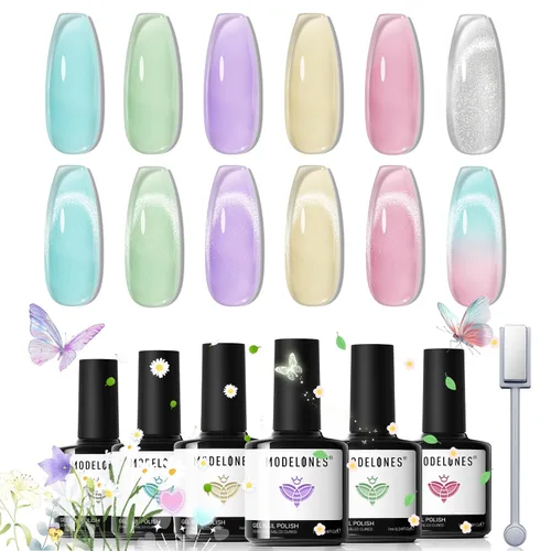 Vista 28 de modelones Juego de imanes de ojo de gato, esmalte de gel francés con corazón de ojo de gato, kit de herramientas de uñas de doble cabeza 5 en 1