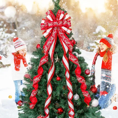 Vista 5 de Decoración para Árbol de Navidad, Lazo para Corona Navideña, 52 * 13 pulgadas, Adorno Grande con Patrón de Muletas para Decoración de Árbol