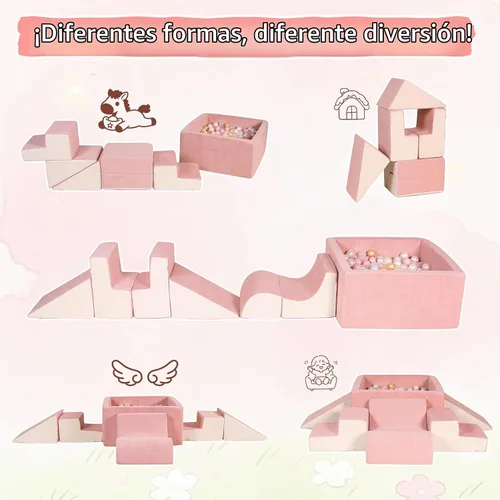 Vista 6 de STAOLENE Bloques de escalada de espuma suave con pozo de bolas, 6 juguetes de escalada de interior beige y rosa para niños pequeños, juego