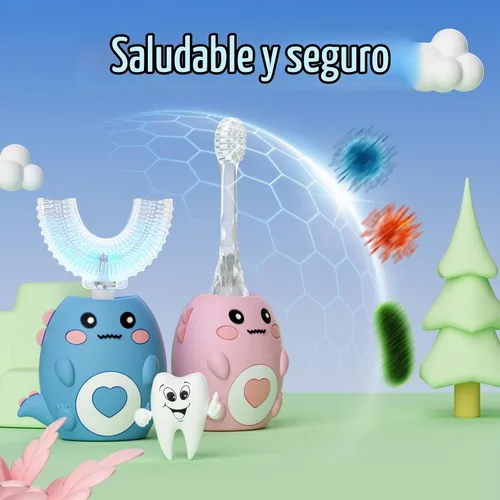 Vista 6 de Cepillo de dientes eléctrico en forma de U para niños, con 3 modos de limpieza, con 4 cabezales de cepillo, cepillo de dientes automático sónico